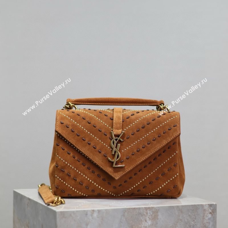 Saint Laurent Medium Monogram College Bag in Suede with Topstitching and Studs 392737 Caramel 2026 (MHUI-260407012)