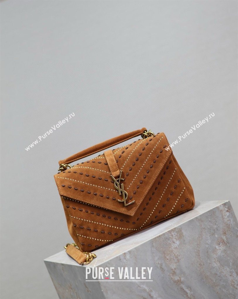 Saint Laurent Medium Monogram College Bag in Suede with Topstitching and Studs 392737 Caramel 2026 (MHUI-260407012)