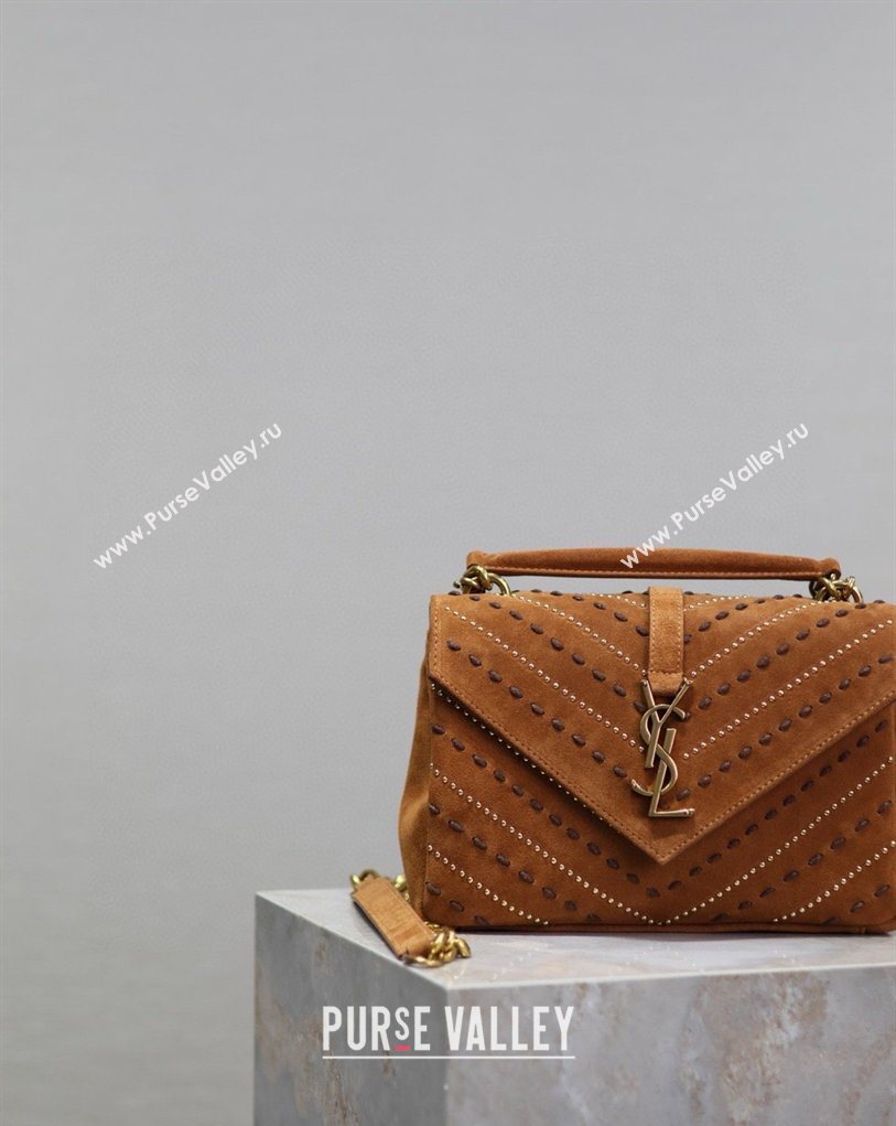 Saint Laurent Medium Monogram College Bag in Suede with Topstitching and Studs 392737 Caramel 2026 (MHUI-260407012)