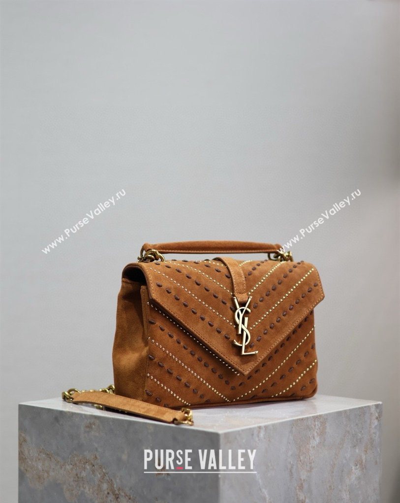 Saint Laurent Medium Monogram College Bag in Suede with Topstitching and Studs 392737 Caramel 2026 (MHUI-260407012)