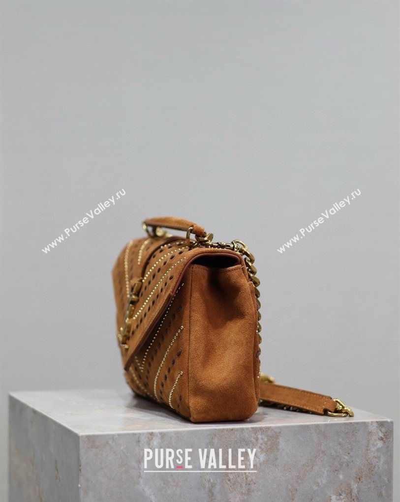 Saint Laurent Medium Monogram College Bag in Suede with Topstitching and Studs 392737 Caramel 2026 (MHUI-260407012)