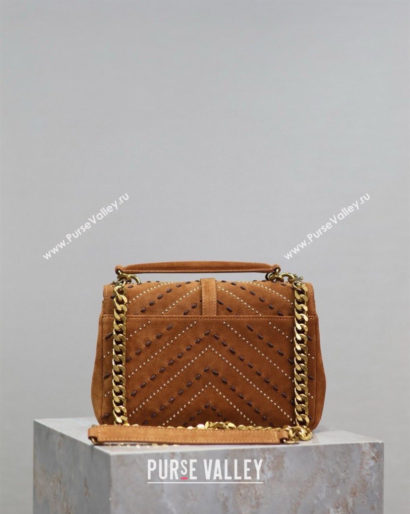 Saint Laurent Medium Monogram College Bag in Suede with Topstitching and Studs 392737 Caramel 2026 (MHUI-260407012)
