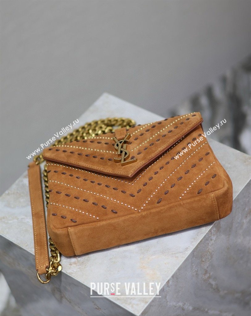 Saint Laurent Medium Monogram College Bag in Suede with Topstitching and Studs 392737 Caramel 2026 (MHUI-260407012)