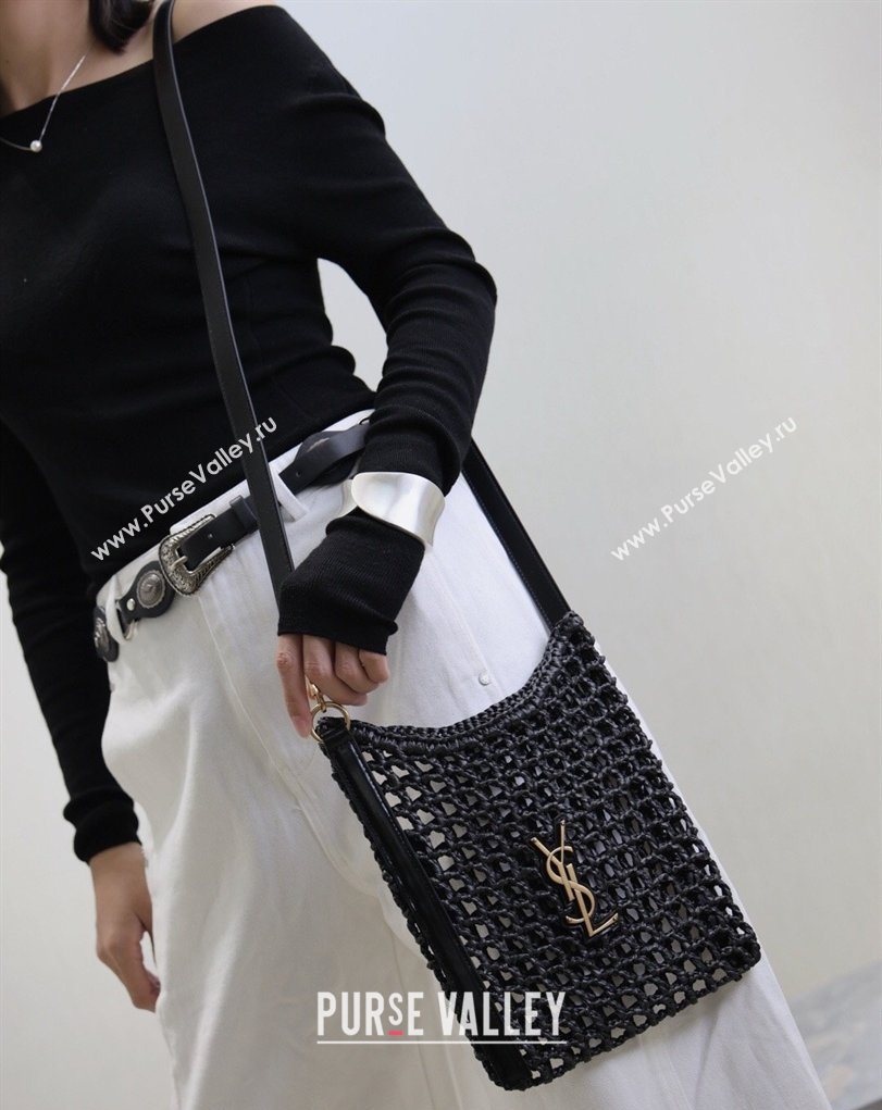 Saint Laurent Oxalis Mini Tote Bag in Crochet Raffia Straw Black 2026 840042 (MHUI-260407019)