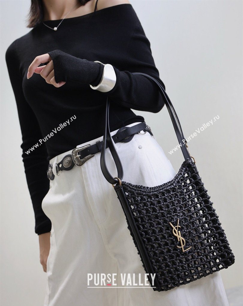 Saint Laurent Oxalis Mini Tote Bag in Crochet Raffia Straw Black 2026 840042 (MHUI-260407019)