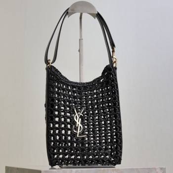 Saint Laurent Oxalis Mini Tote Bag in Crochet Raffia Straw Black 2026 840042 (MHUI-260407019)