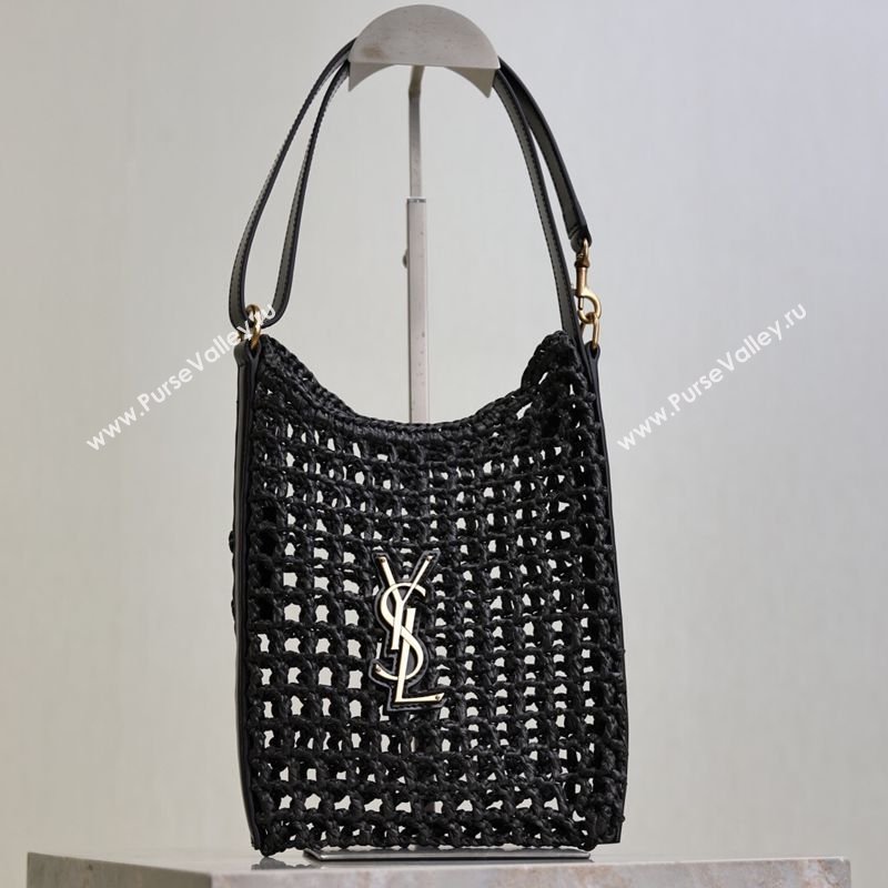 Saint Laurent Oxalis Mini Tote Bag in Crochet Raffia Straw Black 2026 840042 (MHUI-260407019)
