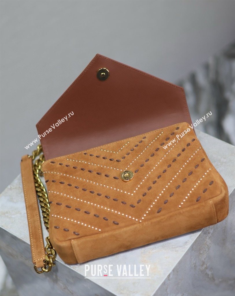 Saint Laurent Medium Monogram College Bag in Suede with Topstitching and Studs 392737 Caramel 2026 (MHUI-260407012)