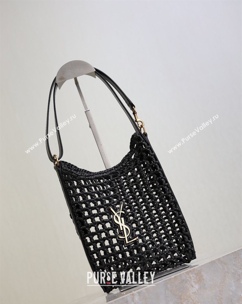 Saint Laurent Oxalis Mini Tote Bag in Crochet Raffia Straw Black 2026 840042 (MHUI-260407019)