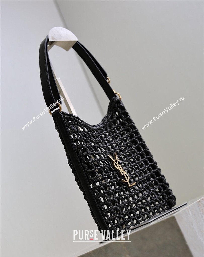 Saint Laurent Oxalis Mini Tote Bag in Crochet Raffia Straw Black 2026 840042 (MHUI-260407019)