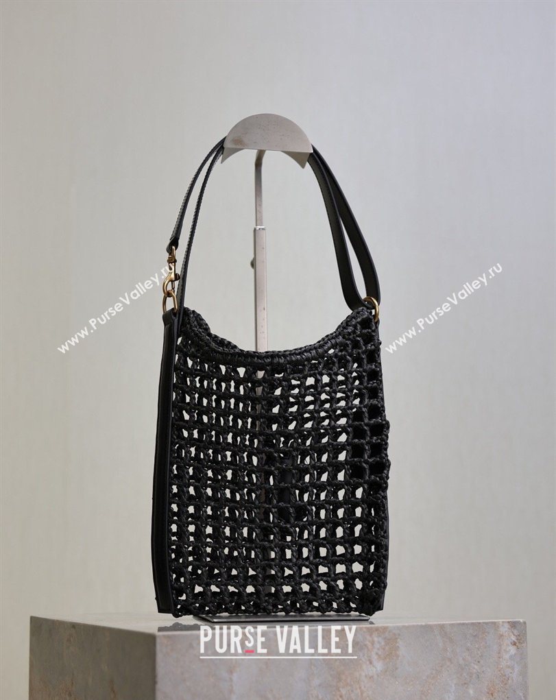 Saint Laurent Oxalis Mini Tote Bag in Crochet Raffia Straw Black 2026 840042 (MHUI-260407019)