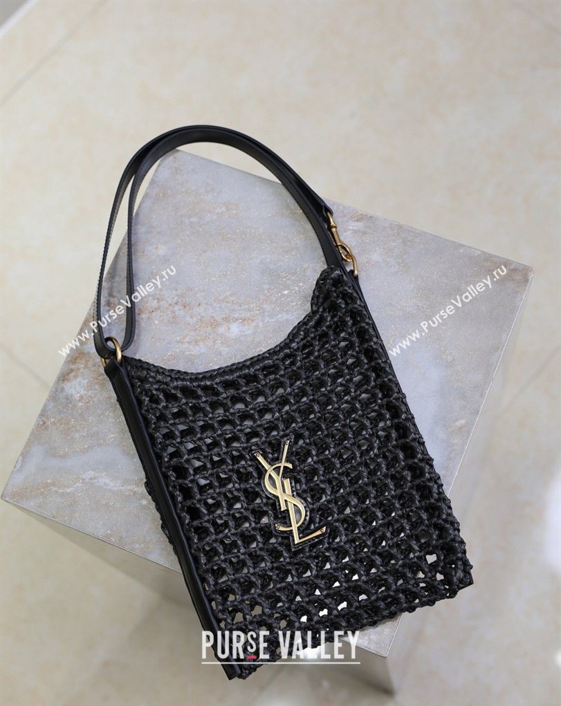 Saint Laurent Oxalis Mini Tote Bag in Crochet Raffia Straw Black 2026 840042 (MHUI-260407019)