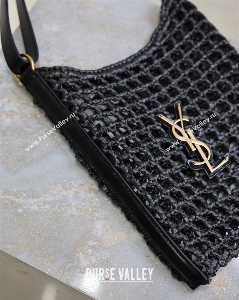 Saint Laurent Oxalis Mini Tote Bag in Crochet Raffia Straw Black 2026 840042 (MHUI-260407019)