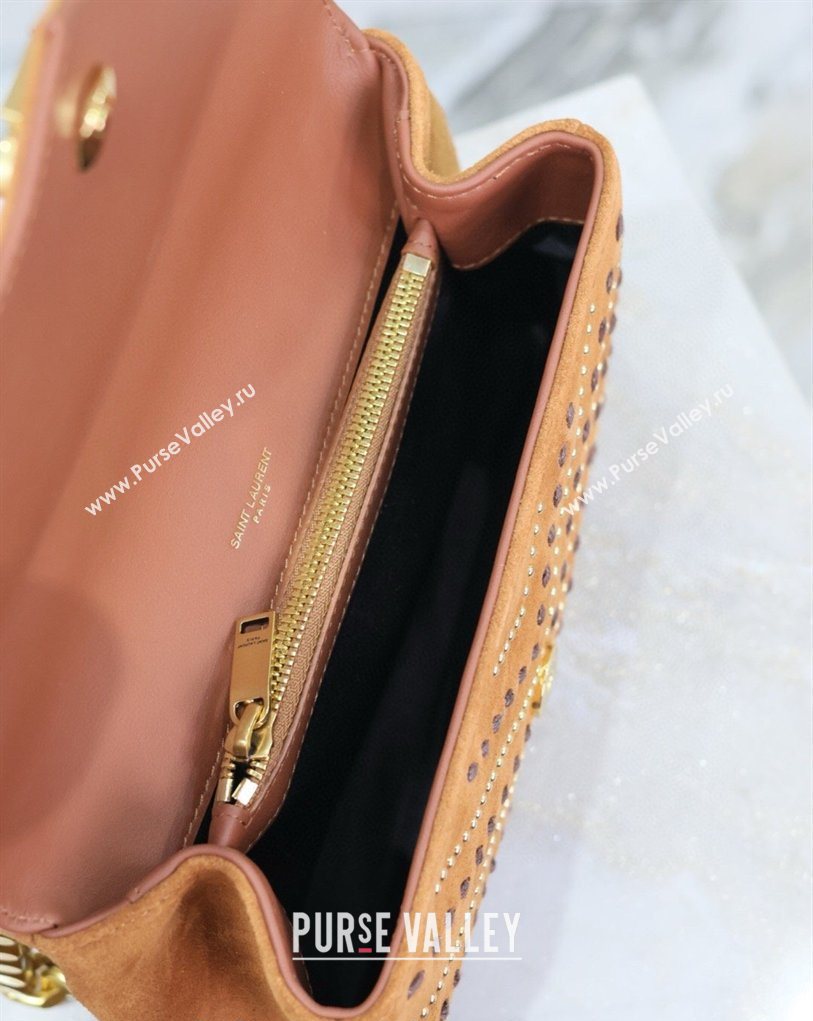 Saint Laurent Medium Monogram College Bag in Suede with Topstitching and Studs 392737 Caramel 2026 (MHUI-260407012)