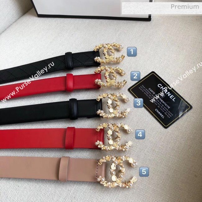 Chanel Width 3cm Smooth Leather Belt with Pearl & Metal Buckle Red 2020 (99-20050448)