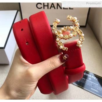 Chanel Width 3cm Smooth Leather Belt with Pearl & Metal Buckle Red 2020 (99-20050448)