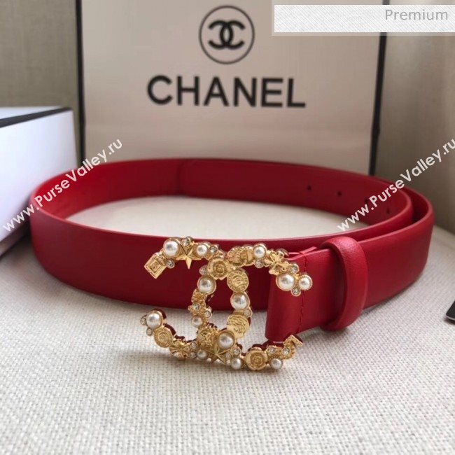 Chanel Width 3cm Smooth Leather Belt with Pearl & Metal Buckle Red 2020 (99-20050448)