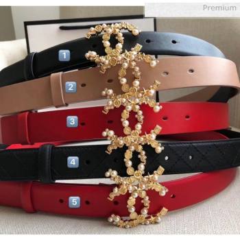 chaneI Width 3cm Smooth Leather Belt with Pearl & Metal Buckle Deep Red （Number 5）2020 (99-20050451)