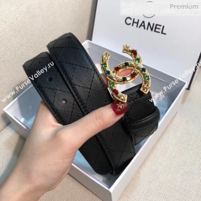 Chanel Width 3cm Quilting Leather Belt with Multicolor Crystal CC Buckle Black 2020 (99-20050452)