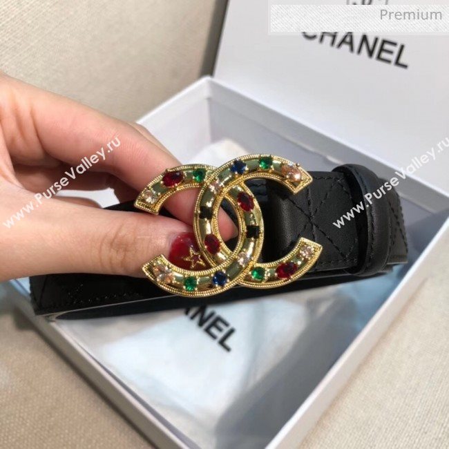 Chanel Width 3cm Quilting Leather Belt with Multicolor Crystal CC Buckle Black 2020 (99-20050452)