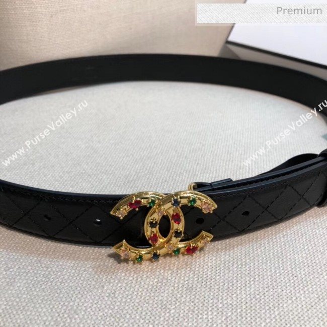 Chanel Width 3cm Quilting Leather Belt with Multicolor Crystal CC Buckle Black 2020 (99-20050452)