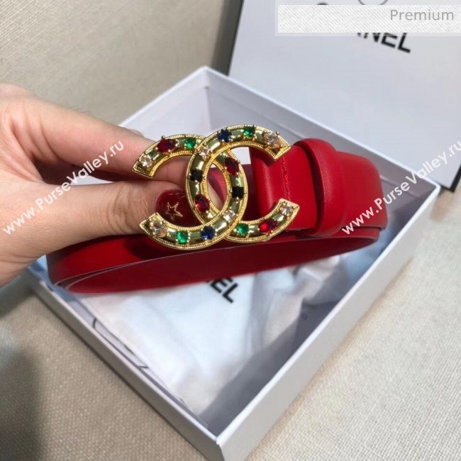 Chanel Width 3cm Smooth Leather Belt with Multicolor Crystal CC Buckle Red 2020 (99-20050453)