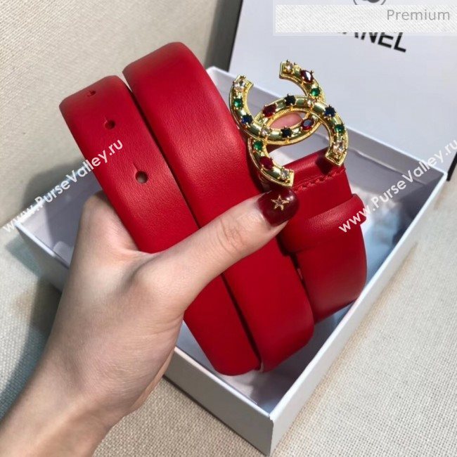 Chanel Width 3cm Smooth Leather Belt with Multicolor Crystal CC Buckle Red 2020 (99-20050453)