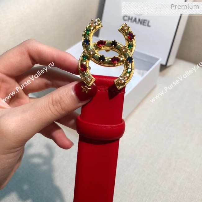 Chanel Width 3cm Smooth Leather Belt with Multicolor Crystal CC Buckle Red 2020 (99-20050453)