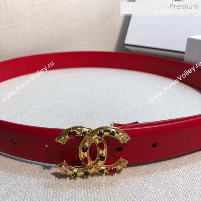 Chanel Width 3cm Smooth Leather Belt with Multicolor Crystal CC Buckle Red 2020 (99-20050453)