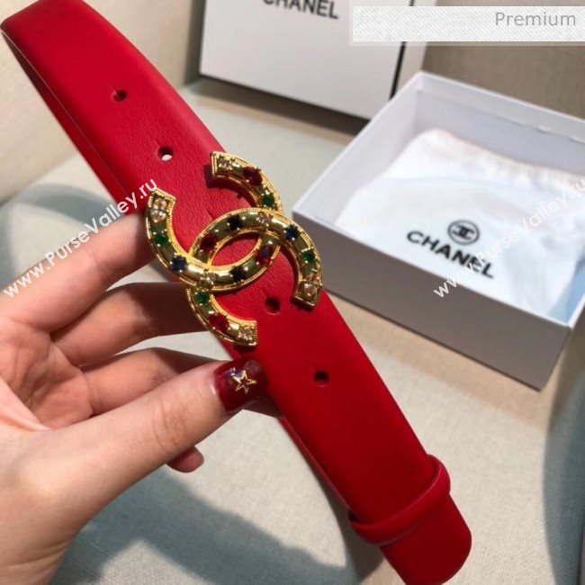 Chanel Width 3cm Smooth Leather Belt with Multicolor Crystal CC Buckle Red 2020 (99-20050453)