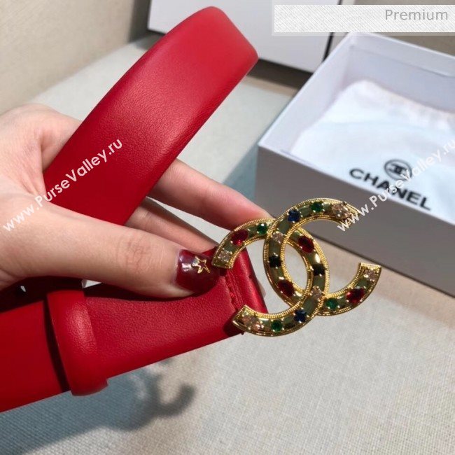 Chanel Width 3cm Smooth Leather Belt with Multicolor Crystal CC Buckle Red 2020 (99-20050453)