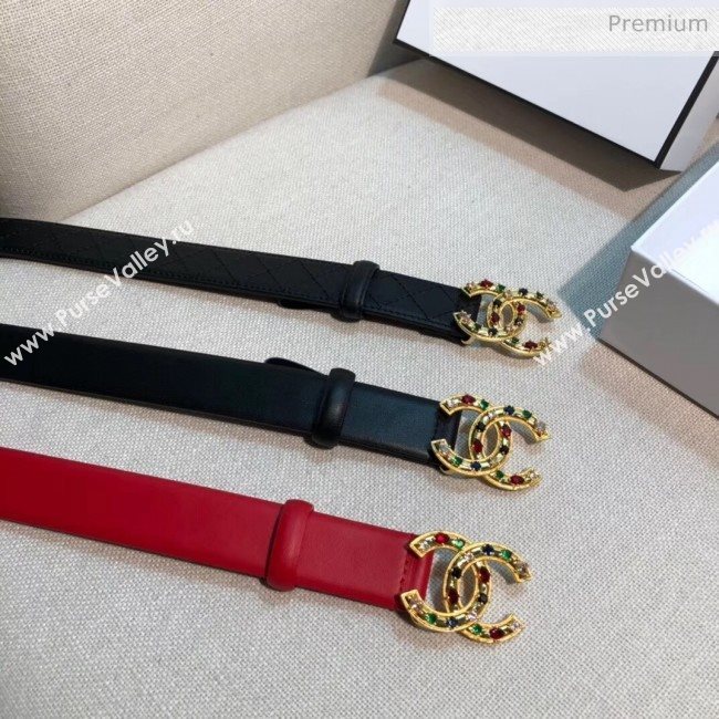 Chanel Width 3cm Smooth Leather Belt with Multicolor Crystal CC Buckle Red 2020 (99-20050453)