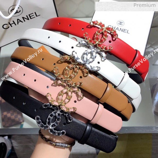 Chanel Width 3cm Smooth Leather Belt with Chain CC Buckle White/Silver 2020 (99-20050455)