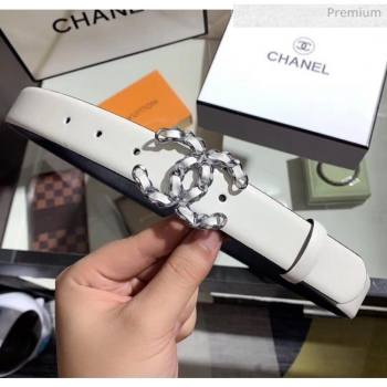 Chanel Width 3cm Smooth Leather Belt with Chain CC Buckle White/Silver 2020 (99-20050455)