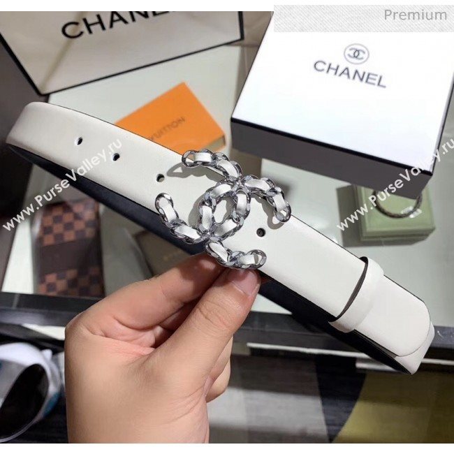Chanel Width 3cm Smooth Leather Belt with Chain CC Buckle White/Silver 2020 (99-20050455)