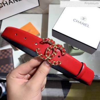 chaneI Width 3cm Smooth Leather Belt with Chain CC Buckle Red/Gold 2020 (99-20050456)
