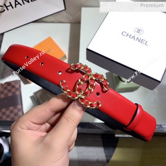 Chanel Width 3cm Smooth Leather Belt with Chain CC Buckle Red/Gold 2020 (99-20050456)