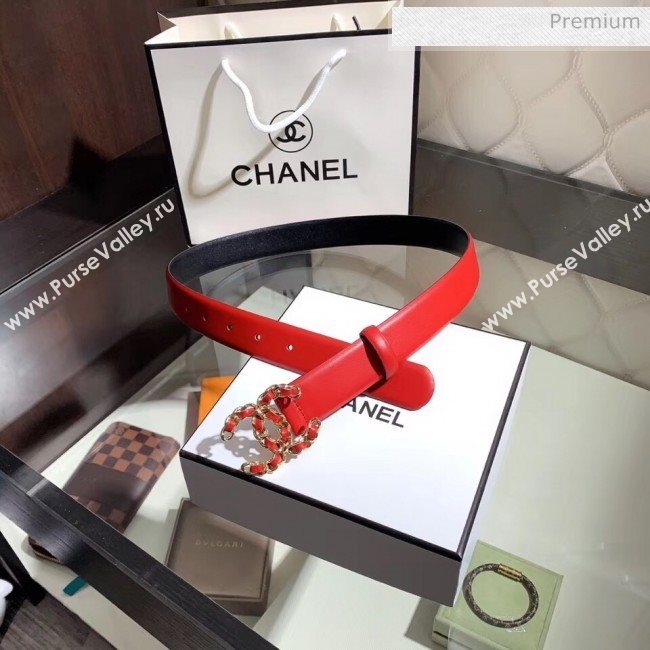 Chanel Width 3cm Smooth Leather Belt with Chain CC Buckle Red/Gold 2020 (99-20050456)