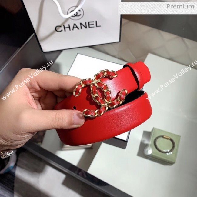 Chanel Width 3cm Smooth Leather Belt with Chain CC Buckle Red/Gold 2020 (99-20050456)