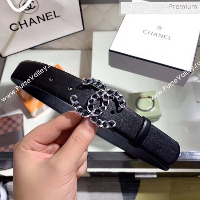 Chanel Width 3cm Smooth Leather Belt with Chain CC Buckle Black/Silver 2020 (99-20050457)