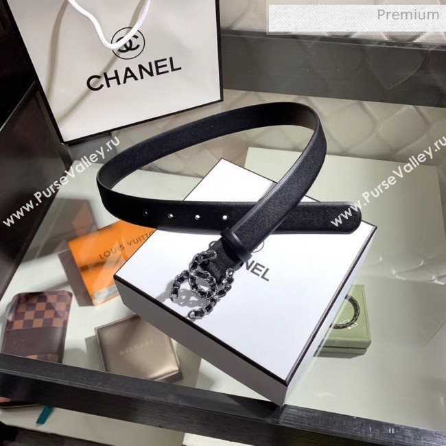 Chanel Width 3cm Smooth Leather Belt with Chain CC Buckle Black/Silver 2020 (99-20050457)