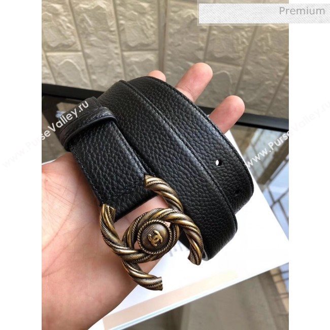 Chanel Width 3cm Grainy Leather Belt with Gold CC Buckle Black 2020 (99-20050463)