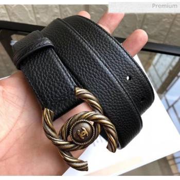 Chanel Width 3cm Grainy Leather Belt with Gold CC Buckle Black 2020 (99-20050463)