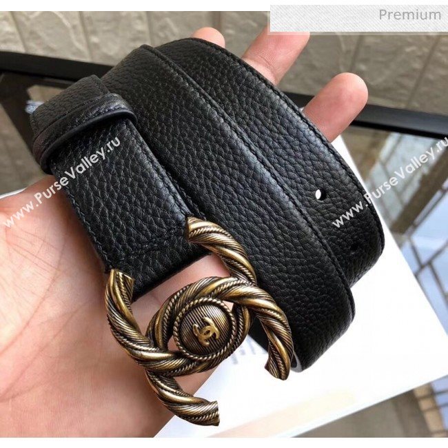 Chanel Width 3cm Grainy Leather Belt with Gold CC Buckle Black 2020 (99-20050463)