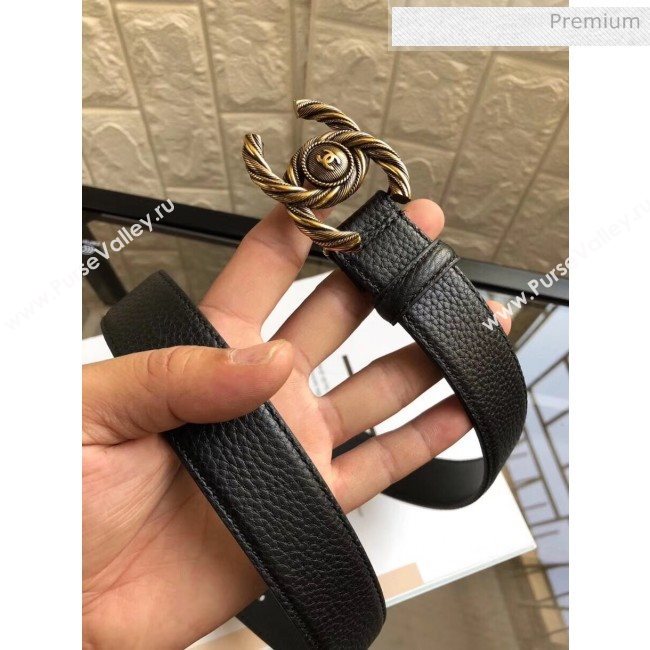 Chanel Width 3cm Grainy Leather Belt with Gold CC Buckle Black 2020 (99-20050463)