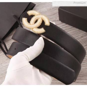chaneI Width 3cm Smooth Leather Belt with Small Pearls CC Buckle Black 2020 (99-20050465)