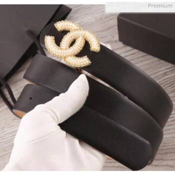 Chanel Width 3cm Smooth Leather Belt with Small Pearls CC Buckle Black 2020 (99-20050465)