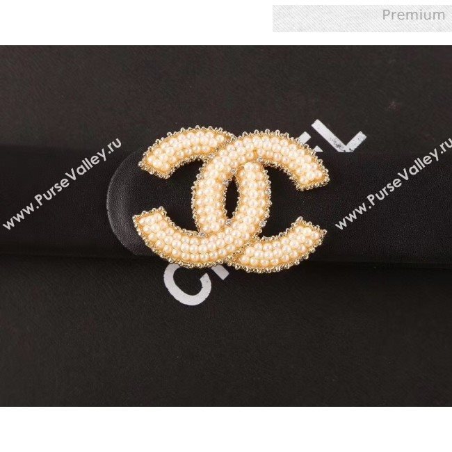 Chanel Width 3cm Smooth Leather Belt with Small Pearls CC Buckle Black 2020 (99-20050465)
