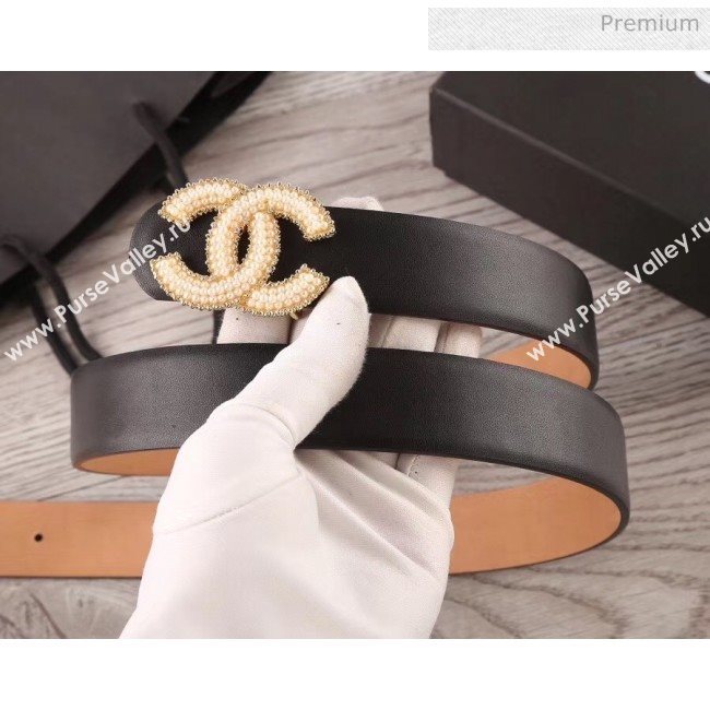 Chanel Width 3cm Smooth Leather Belt with Small Pearls CC Buckle Black 2020 (99-20050465)