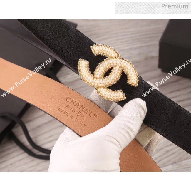 Chanel Width 3cm Smooth Leather Belt with Small Pearls CC Buckle Black 2020 (99-20050465)